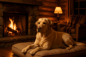 Naklejka na ściany i meble A Labrador is lying next to a warm fireplace in a cozy house