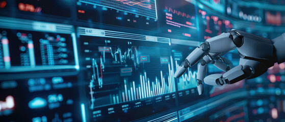 Close-up of a robotic hand interacting with holographic data charts and graphs. Concept of artificial intelligence, big data analysis, automation, and futuristic digital technology.