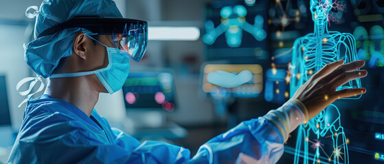 Doctor wearing surgical mask and AR glasses analyzing virtual holographic anatomy model. Concept of futuristic medicine, healthcare innovation, and augmented reality diagnostics.
