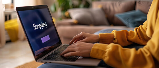 Close up of a womans hands typing on a laptop with a large Shopping button on the screen. Cozy home setting with plants and natural light, symbolizing e commerce and online shopping.