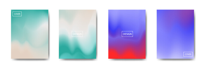 Collection of four modern abstract cover templates featuring smooth gradients in teal, beige, blue, purple, and red tones. Minimal and elegant layouts ideal for branding or digital presentations.