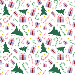 Lively, eclectic seamless vector pattern featuring scattered Christmas trees, pastel gifts, and striped candy canes with gold accents, ideal for modern holiday gift wrap.