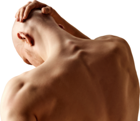 Man holding neck and stretching muscles showing relaxation and balance. Concept of spine alignment, posture health, and physiotherapy wellness for anatomy and training use. Transparent background