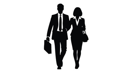 Silhouette of a man and woman in business attire walking together, representing teamwork and professionalism in the workplace