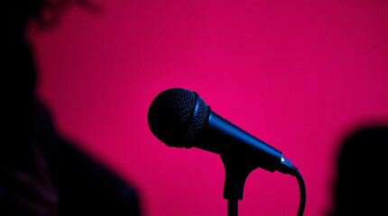 Obraz premium A microphone in the foreground with a blurred silhouette of a performer singing on stage, bathed in vibrant pink light, capturing the energy of live music