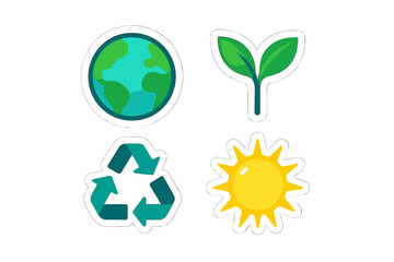 Set of environmental conservation stickers featuring Earth, recycling, plant, and sun symbols