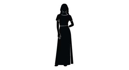 Full body black silhouette of a woman standing in a long, elegant dress with short sleeves on a white background.