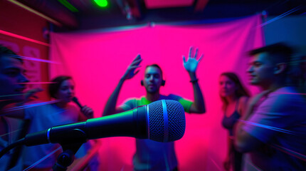 A microphone in the foreground with a blurred silhouette of a performer singing on stage, bathed in vibrant pink light, capturing the energy of live music