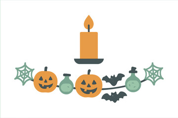 Spooky Halloween garland with glowing jack-o'-lanterns bats spiderwebs and potion bottles