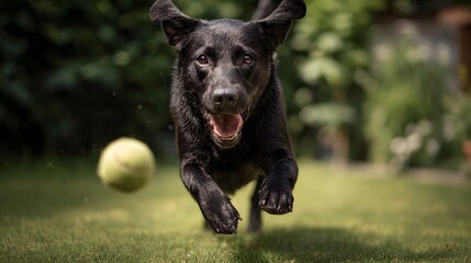 Energetic black dog in mid air chasing a ball in a sunny backyard