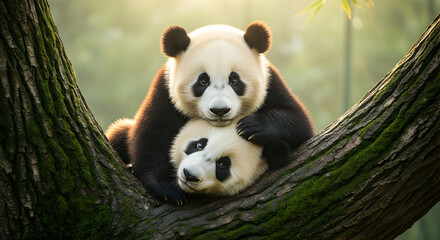 Obraz premium Two Pandas Cuddling on Mossy Tree Branch in Soft Light