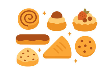 Assortment of sweet desserts and baked treats including cinnamon rolls and cookies