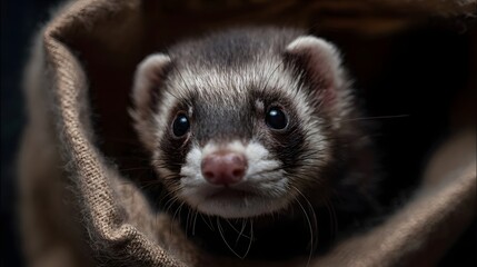 Fototapeta premium A cute ferret peeks curiously from a textured burlap pouch with soft indoor lighting