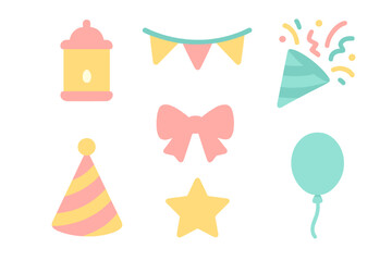 Cute pastel party and celebration elements set with lantern, bow, balloon, star, and confetti