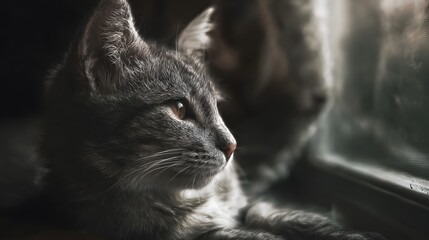 A grey tabby cat sits by a window gazing thoughtfully into the distance with soft atmospheric lighting