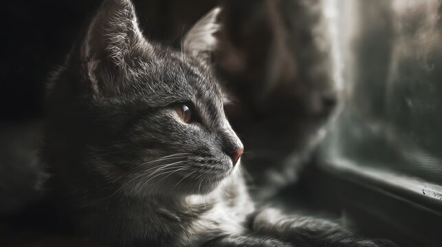 A grey tabby cat sits by a window gazing thoughtfully into the distance with soft atmospheric lighting - Powered by Adobe