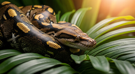 Fototapeta premium Coiled Brown Snake on Green Leaves, Exotic Wildlife Portrait