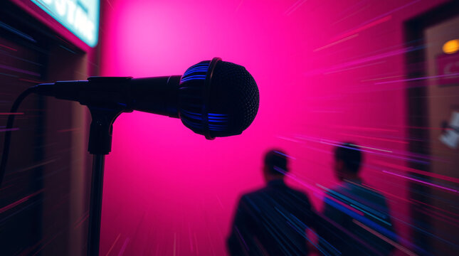 A microphone in the foreground with a blurred silhouette of a performer singing on stage, bathed in vibrant pink light, capturing the energy of live music
