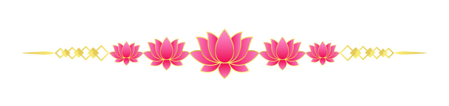 Horizontal Lotus Floral Border, separator, Ornamental Vector Design with Gold Accents. Ideal for in invitations, border and festive design