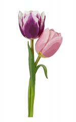 Two Tulip Flowers in Pink and Purple on White Background