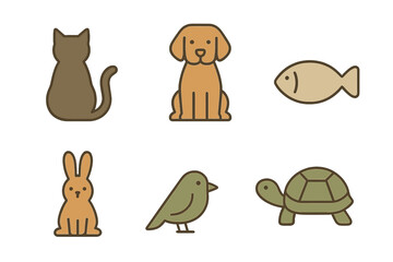 Minimalist collection of six different animal symbols including cat dog fish rabbit bird turtle