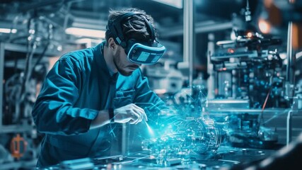 Engineer using VR headset in futuristic factory with holographic interface. - Powered by Adobe