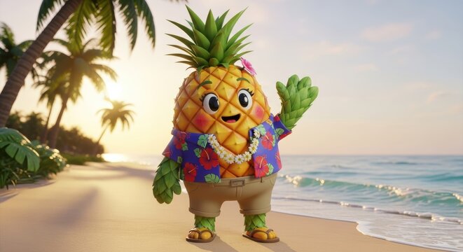 Cute pineapple character waving on a tropical beach at sunset