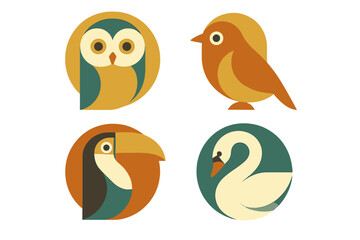 Set of four stylized geometric bird designs featuring an owl, toucan, swan, and passerine bird