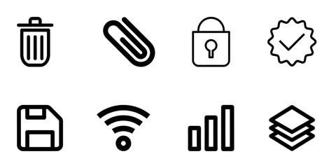 Digital Interface Essentials: A minimalist collection of icons represents a spectrum of digital functions, perfect for interface design. Includes trash, paperclip, padlock, checkmark, floppy disk.