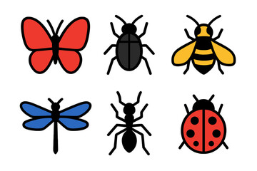 Six colorful stylized insect icons: butterfly, beetle, bee, dragonfly, ant, and ladybug