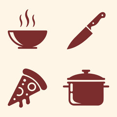 Cooking icon of bowl, knife, pizza slice, and cooking pot vector illustration
