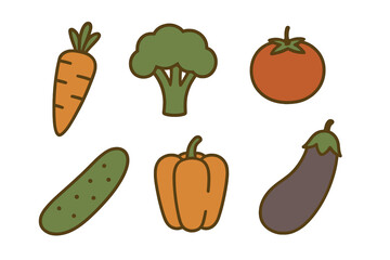 Simple stylized set of fresh organic vegetables: carrot, broccoli, tomato, cucumber, pepper, eggplant