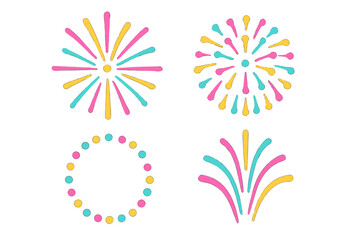 Set of four colorful stylized fireworks bursts and celebration elements for party design