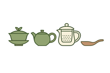 Set of traditional and modern tea brewing equipment including teapots, gaiwan, and scoop