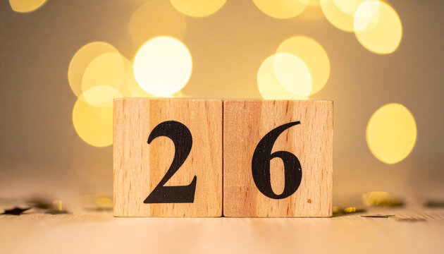 Wooden cubes with number 26 with confetti, yellow bokeh light. Celebration mood.