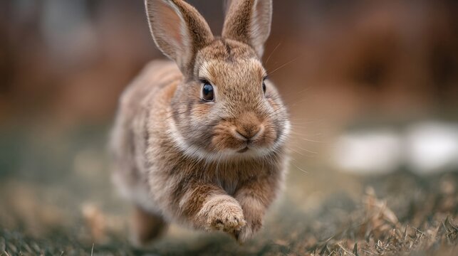 A brown rabbit hops through green grass in natural light