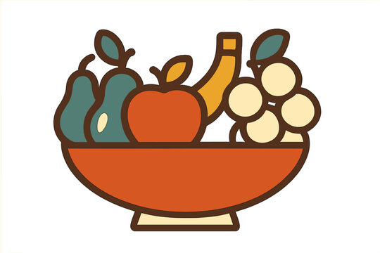 Stylized mid-century modern fruit bowl filled with fresh organic produce