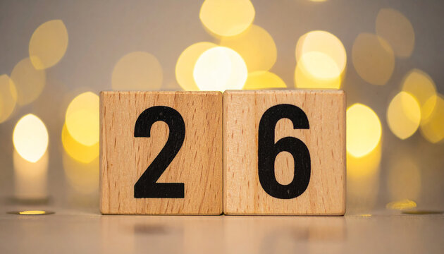 Wooden cubes with number 26 with confetti, yellow bokeh light. Celebration mood.
