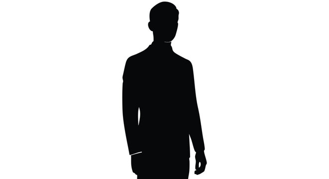 Professional male silhouette in a business suit, standing upright, symbolizing corporate identity, anonymity, and a generic human figure, isolated on a white backdrop