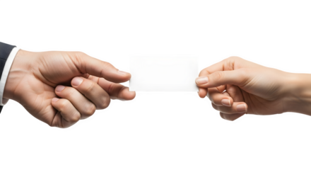 Business Handshake: Two Individuals Exchanging Blank Business Card in Professional Setting