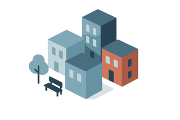 Fototapeta premium Isometric city block with stylized residential buildings and park elements