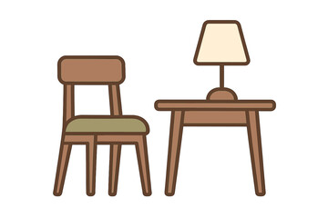 Brown wooden chair with green cushion next to a small side table and desk lamp