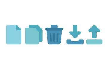Blue flat design symbols for file operations, trash, downloading, and uploading data