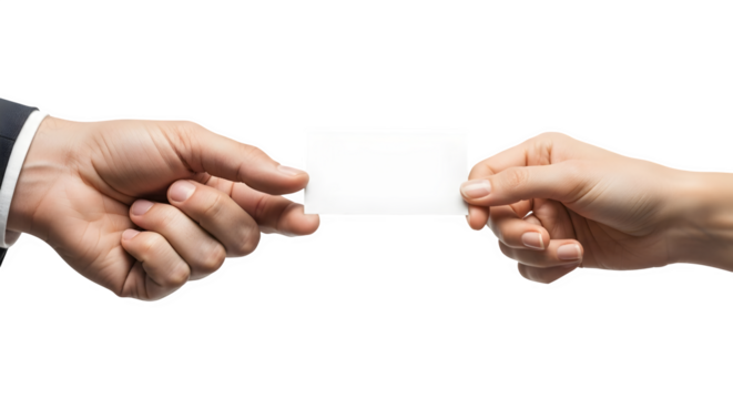 Business Handshake: Two Individuals Exchanging Blank Business Card in Professional Setting
