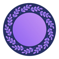 Purple circular floral frame with laurel leaves on dark background. awards or labels
