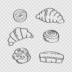 Variety of croissants and baked goods hand drawn illustration pack