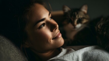 Obraz premium A woman relaxes intimately with her cat on a couch bathed in warm soft indoor light
