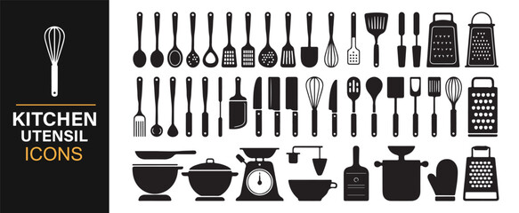 Black and white kitchen utensil vector pack with pots, pans, spatulas, and cooking tools