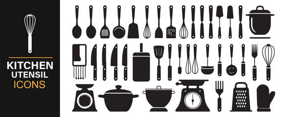 Collection of silhouette kitchen utensil icons featuring spoons, knives, and cookware designs