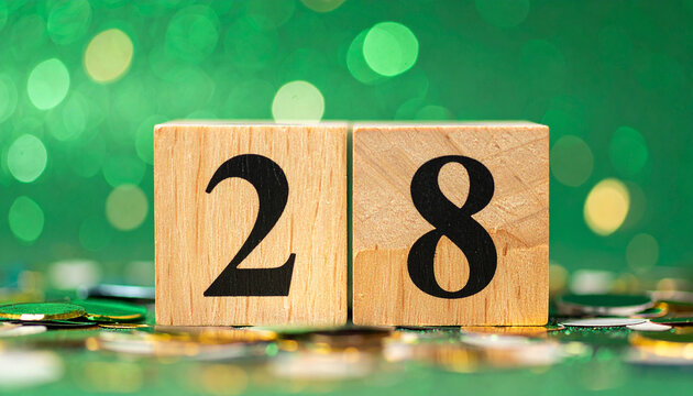 Wooden cubes with number 28 with confetti, pink bokeh light. Celebration mood.